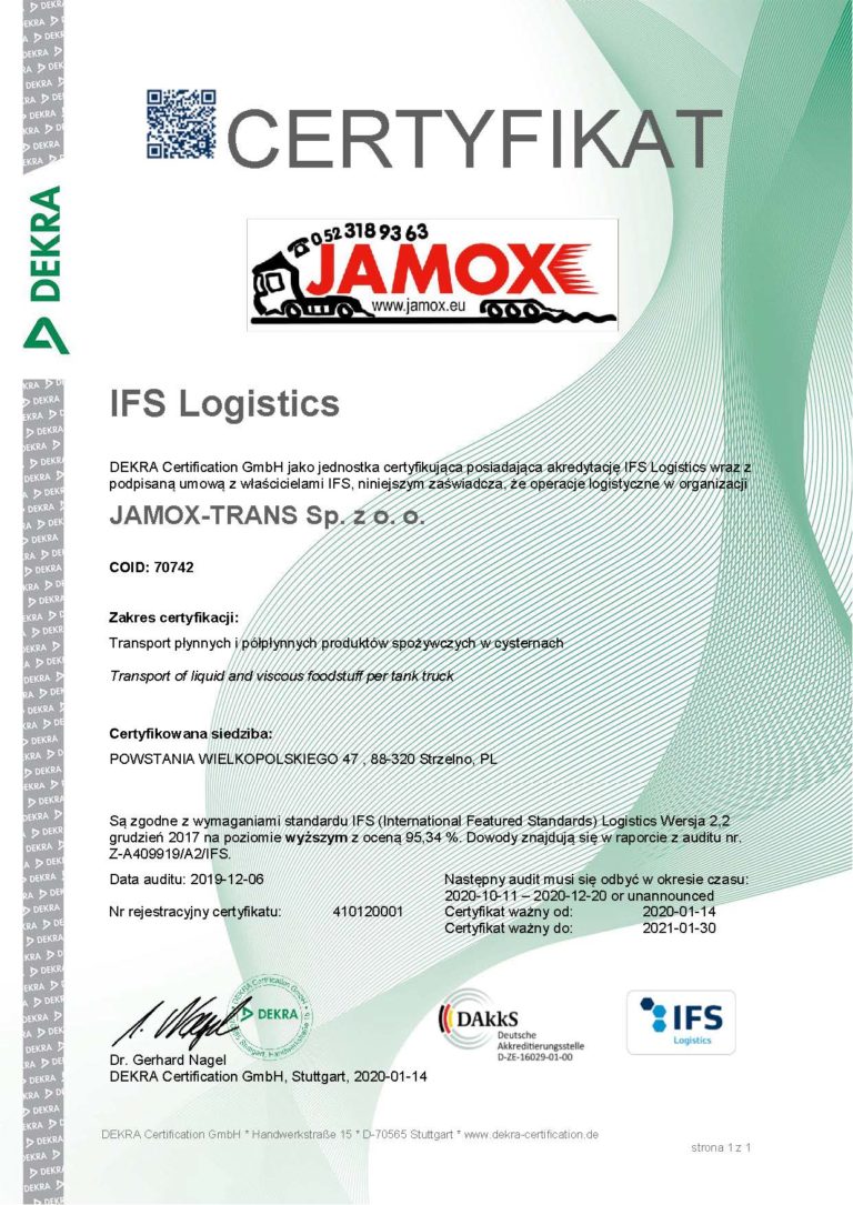 Jamox certyfikat GMP+