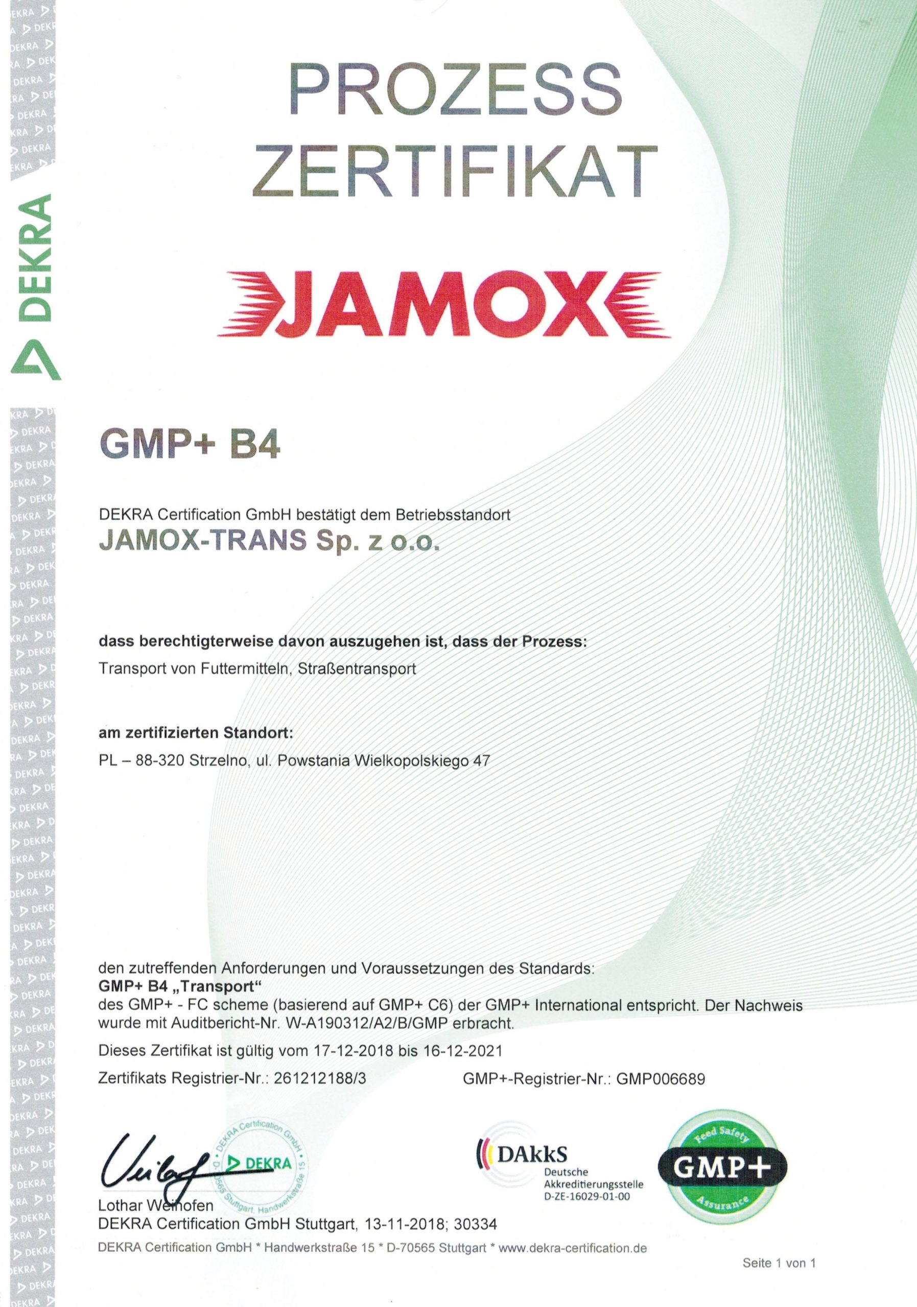 Jamox certyfikat GMP +