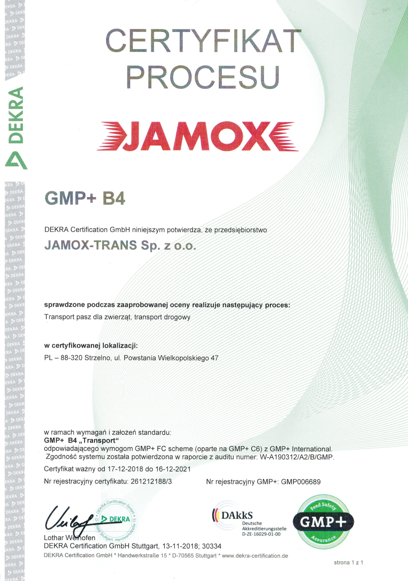 Jamox certyfikat GMP+